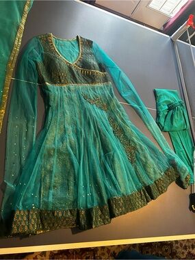 Women’s Teal Embroidered kali dar  Party Dress
